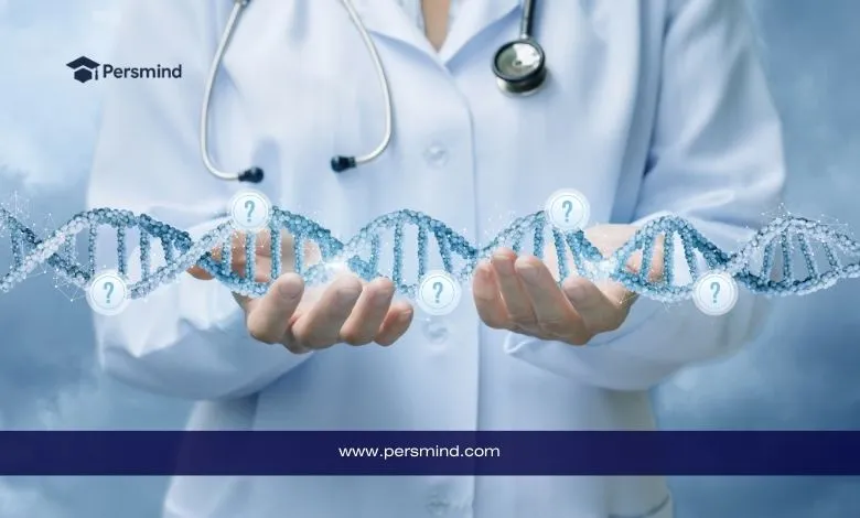طبيب يرتدي معطفًا أبيض وسماعة، يظهر بين يديه نموذج ثلاثي الأبعاد لسلسلة DNA — دراسة الطب البشري في ألمانيا
