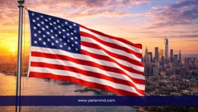 علم الولايات المتحدة أمام أفق مدينة أمريكية في إشارة إلى منح الدراسة في أمريكا بدون شهادة لغة للطلاب الدوليين