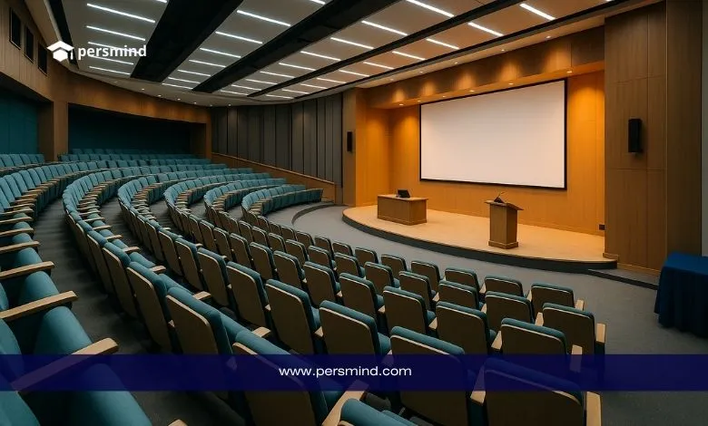 قاعة محاضرات حديثة مع شاشة عرض ومنصتين في مركز مؤتمرات بدبي – المؤتمر العالمي للفنون 2025