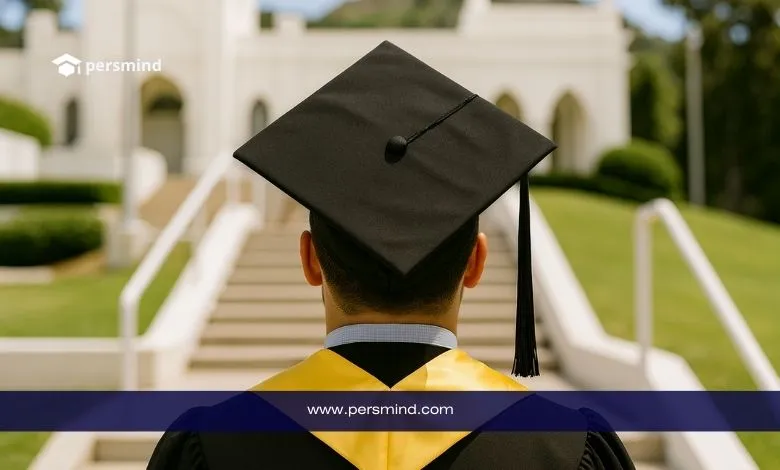 طالب يرتدي قبعة التخرّج وينظر إلى مبنى جامعي — منحة الكومنولث البريطانية للماجستير