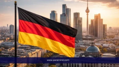علم ألمانيا مع أفق مدينة برلين – فرصة الدراسة في ألمانيا بدون شهادة IELTS في الجامعات الألمانية