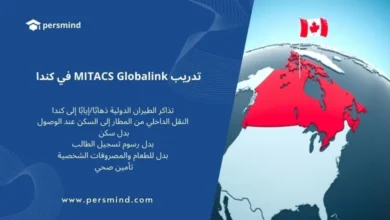 خريطة كندا مع العلم الكندي ونص يوضح مميزات تدريب MITACS Globalink، صورة تعبر عن برنامج التدريب البحثي الممول بالكامل للطلاب الدوليين.