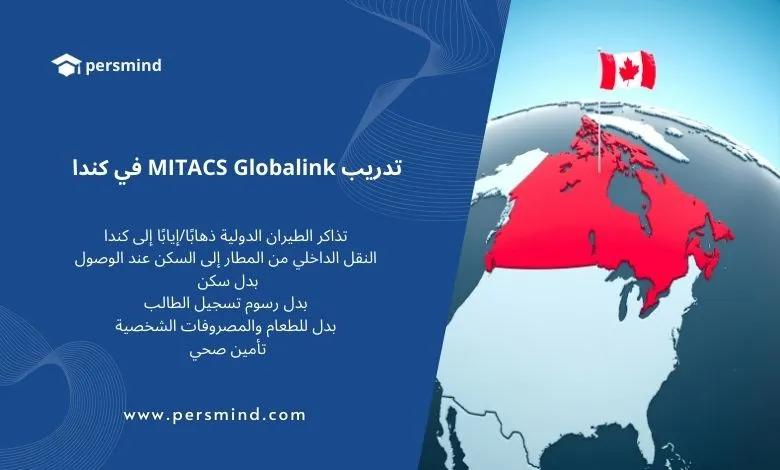 خريطة كندا مع العلم الكندي ونص يوضح مميزات تدريب MITACS Globalink، صورة تعبر عن برنامج التدريب البحثي الممول بالكامل للطلاب الدوليين.