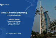 High-resolution banner image for the Jumeirah Hotels Internship Program in Dubai, featuring the Burj Khalifa skyline and program benefits such as monthly stipend, free accommodation, round-trip airfare, and health insurance.