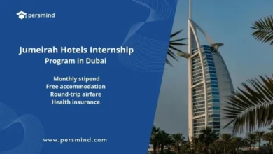 High-resolution banner image for the Jumeirah Hotels Internship Program in Dubai, featuring the Burj Khalifa skyline and program benefits such as monthly stipend, free accommodation, round-trip airfare, and health insurance.