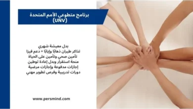 أيدٍ متكاتفة في دائرة تعبيرًا عن العمل الجماعي إلى جانب بطاقة معلومات عن برنامج متطوعي الأمم المتحدة (UNV) تتضمن البدلات والمزايا – persmind.