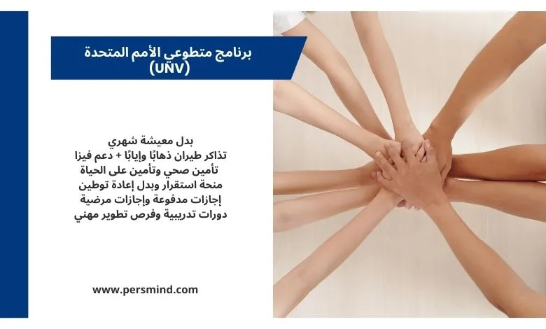 أيدٍ متكاتفة في دائرة تعبيرًا عن العمل الجماعي إلى جانب بطاقة معلومات عن برنامج متطوعي الأمم المتحدة (UNV) تتضمن البدلات والمزايا – persmind.