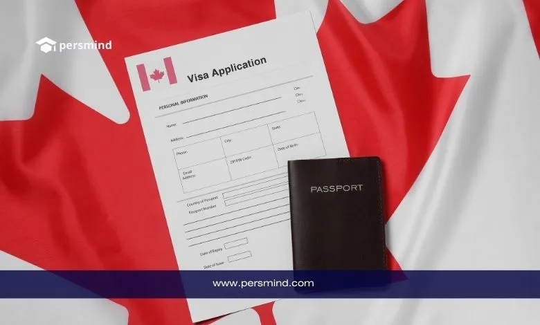 تأشيرة كندا – نموذج طلب فيزا كندية مع جواز سفر وخلفية علم كندا للطلاب والباحثين عن الهجرة والعمل