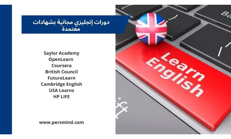 زر أحمر على لوحة مفاتيح مكتوب عليه "Learn English" دورات إنجليزي بجانبه كرة تحمل علم المملكة المتحدة، يرمز إلى تعلم اللغة الإنجليزية عبر الإنترنت.