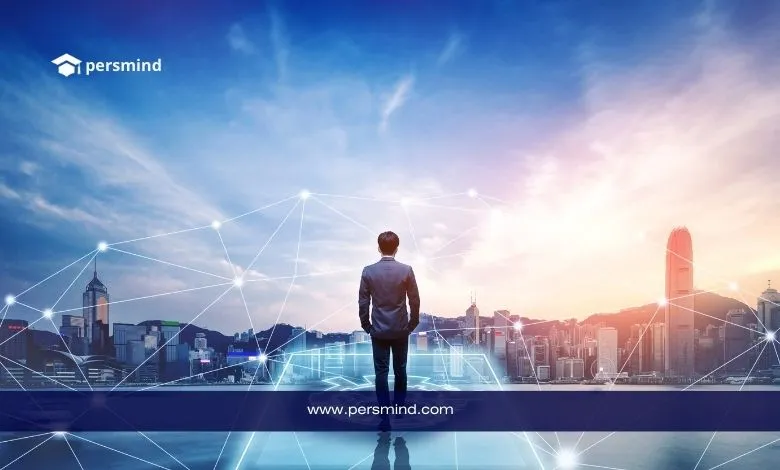 رجل يقف أمام أفق مدينة حديثة عند شروق/غروب الشمس مع طبقات شبكة رقمية متصلة، في إشارة إلى الابتكار والقيادة وقمة العمل المستقبلي في أستراليا 2026 – persmind.