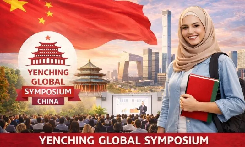 طالبة دولية مع معالم بكين ترمز إلى مؤتمر ينتشينغ العالمي في الصين.