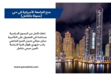 منح الجامعة الأمريكية في دبي 2026 ممولة بالكامل مع إعفاء الرسوم الدراسية والسكن والمزايا؛ صورة لأفق دبي ليلاً مع ناطحات السحاب.