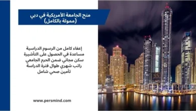 منح الجامعة الأمريكية في دبي 2026 ممولة بالكامل مع إعفاء الرسوم الدراسية والسكن والمزايا؛ صورة لأفق دبي ليلاً مع ناطحات السحاب.