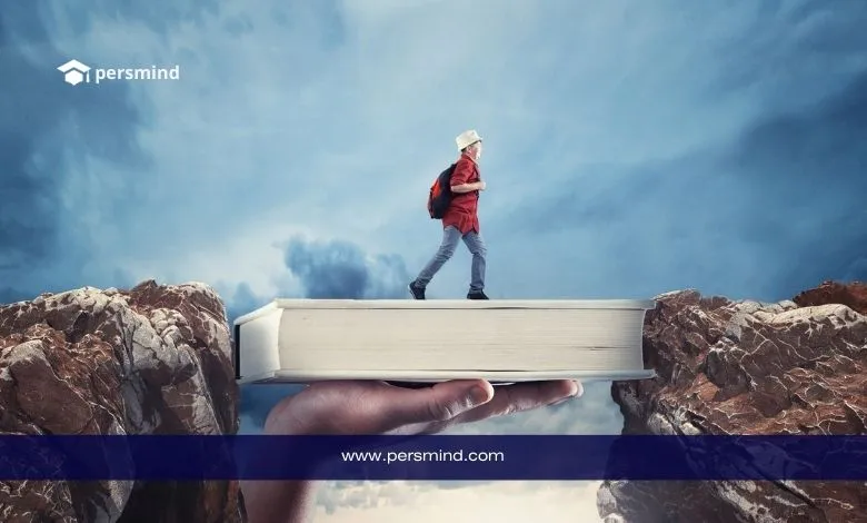 طالب يعبر طريقًا رمزيًا فوق كتاب، يعبّر عن فرص المنح الدراسية الممولة بالكامل لليمنيين.