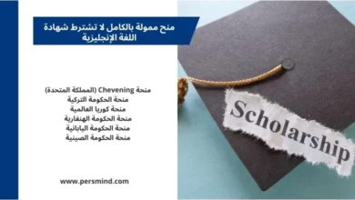 صورة لقبعة تخرج بلون أسود عليها كلمة "Scholarship" على خلفية زرقاء فاتحة، إلى جانب قائمة بأشهر منح ممولة بالكامل التي لا تشترط شهادة اللغة الإنجليزية مثل منحة تشيفنينغ البريطانية، ومنحة الحكومة التركية، ومنح كوريا الجنوبية، واليابان، والصين.