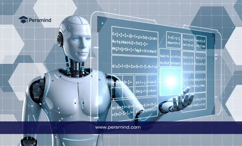 روبوت ذكي أمام شاشة عرض رقمية – صورة تعبيرية لمقال منحة جامعة محمد بن زايد للذكاء الاصطناعي في الإمارات 2026.