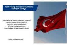 Turkish flag waving against the sky with an information panel outlining the benefits of the ICYF Young Climate Volunteers Camp in Türkiye.