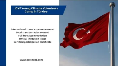 Turkish flag waving against the sky with an information panel outlining the benefits of the ICYF Young Climate Volunteers Camp in Türkiye.