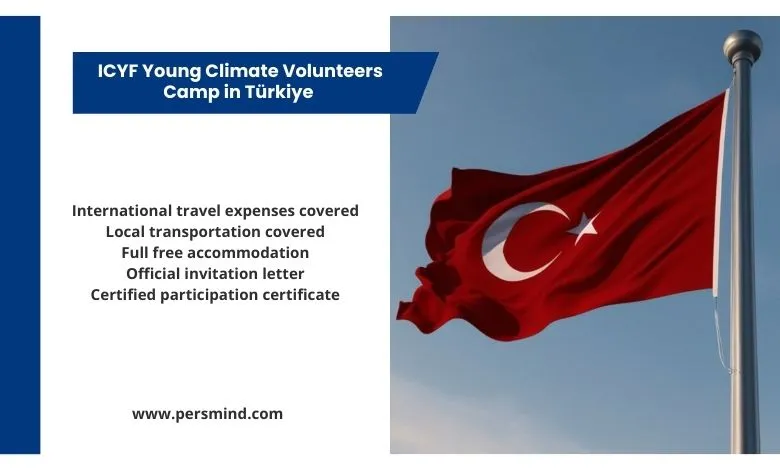 Turkish flag waving against the sky with an information panel outlining the benefits of the ICYF Young Climate Volunteers Camp in Türkiye.