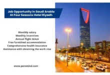 Job opportunity in Saudi Arabia at Four Seasons Hotel Riyadh with benefits including monthly salary, incentives, accommodation, annual flight ticket, and health insurance, shown with a cityscape of Riyadh and the Kingdom Tower at sunset.