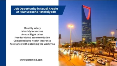 Job opportunity in Saudi Arabia at Four Seasons Hotel Riyadh with benefits including monthly salary, incentives, accommodation, annual flight ticket, and health insurance, shown with a cityscape of Riyadh and the Kingdom Tower at sunset.