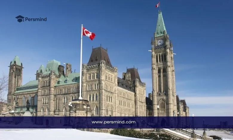 The Canadian Parliament building in Ottawa with a Canadian flag waving in front, representing study and scholarship opportunities in Canada.