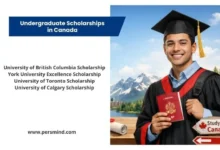 Undergraduate scholarships in Canada for international students, featuring a smiling graduate holding a Canadian passport with mountains and a university campus in the background.