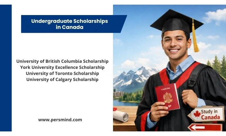 Undergraduate scholarships in Canada for international students, featuring a smiling graduate holding a Canadian passport with mountains and a university campus in the background.