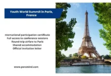 Youth World Summit in Paris, France promotional image featuring the Eiffel Tower and key program benefits including round-trip airfare, shared accommodation, full conference access, international participation certificate, and an official invitation letter.