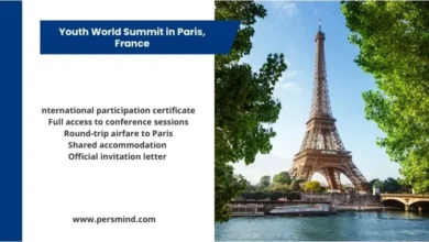 Youth World Summit in Paris, France promotional image featuring the Eiffel Tower and key program benefits including round-trip airfare, shared accommodation, full conference access, international participation certificate, and an official invitation letter.