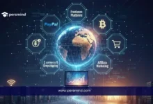 صورة توضيحية لطرق الربح من الإنترنت تشمل العمل الحر، التجارة الإلكترونية، التسويق بالعمولة، الدفع عبر PayPal والبيتكوين حول الكرة الأرضية.