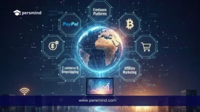 صورة توضيحية لطرق الربح من الإنترنت تشمل العمل الحر، التجارة الإلكترونية، التسويق بالعمولة، الدفع عبر PayPal والبيتكوين حول الكرة الأرضية.