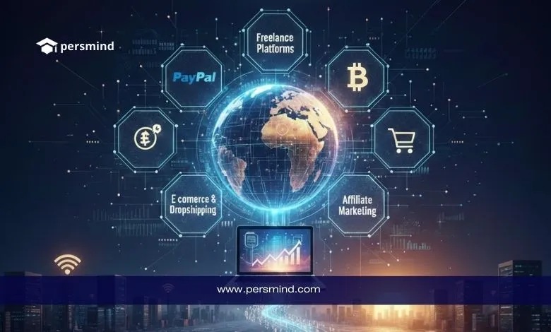 صورة توضيحية لطرق الربح من الإنترنت تشمل العمل الحر، التجارة الإلكترونية، التسويق بالعمولة، الدفع عبر PayPal والبيتكوين حول الكرة الأرضية.