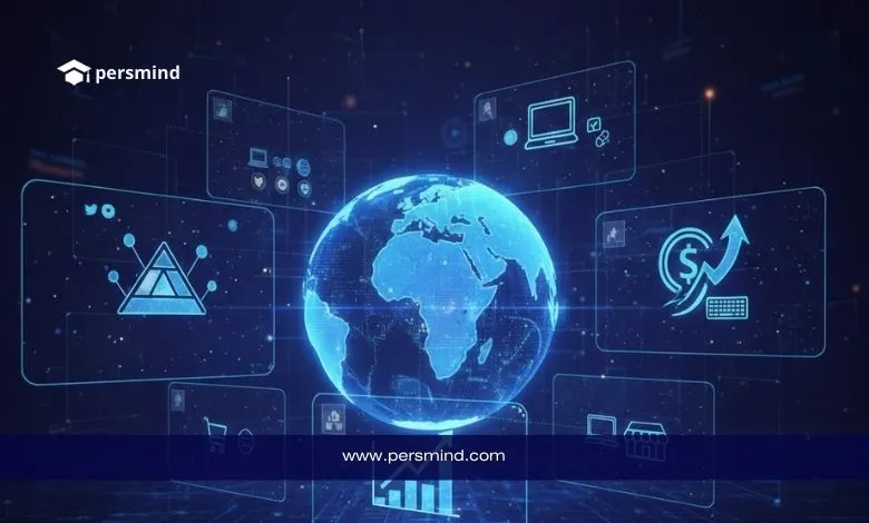 صورة رقمية حديثة تبرز مفهوم الربح من الإنترنت والعمل أونلاين، حيث تظهر الكرة الأرضية في المنتصف محاطة بعناصر رقمية تمثل المنصات الإلكترونية، التحليلات المالية، الأدوات التقنية، ونمو الدخل عبر الإنترنت. تعكس الصورة الطابع العالمي للاقتصاد الرقمي وإمكانية تحقيق دخل بالدولار من خلال العمل الحر، المشاريع الرقمية، والخدمات الإلكترونية.