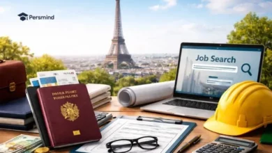 مكتب يحتوي على جواز سفر وأوراق عمل وحاسوب يعرض بحثًا عن وظائف، مع ظهور برج إيفل في الخلفية – تأشيرة العمل في فرنسا.