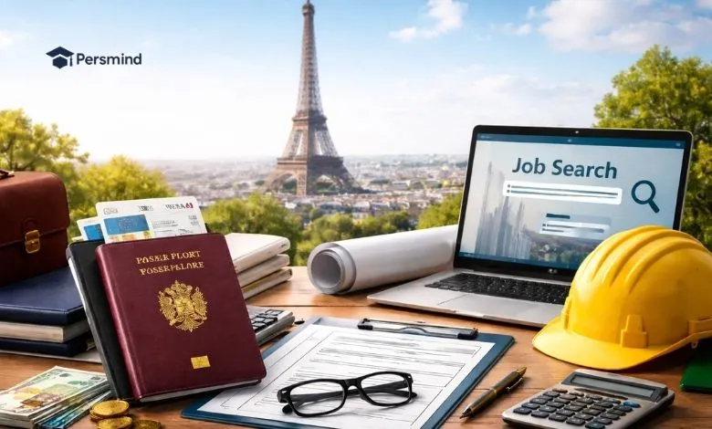 مكتب يحتوي على جواز سفر وأوراق عمل وحاسوب يعرض بحثًا عن وظائف، مع ظهور برج إيفل في الخلفية – تأشيرة العمل في فرنسا.