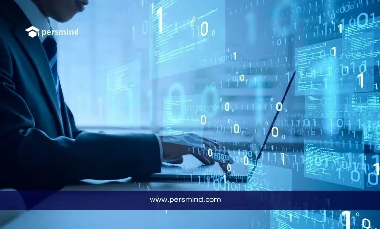 شاب يعمل على حاسوب محمول وسط واجهة رقمية مليئة بالأكواد والبيانات في بيئة برمجة احترافية – Persmind.