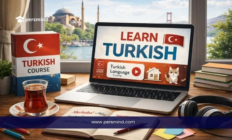 حاسوب محمول يعرض عبارة LEARN TURKISH مع كتاب Turkish Course وشاي تركي على المكتب، في صورة تعبيرية لمقال دورة تعلم اللغة التركية عبر الإنترنت.