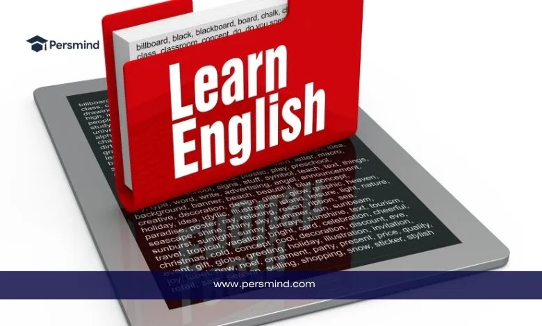 كتاب أحمر بعنوان Learn English فوق جهاز لوحي يعرض كلمات إنجليزية، في صورة تعبيرية لمقال تعلّم الإنجليزية ودورات التوفل المجانية.