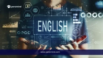 واجهة رقمية تفاعلية تحمل كلمة ENGLISH مع أيقونات تعليمية، في تصميم تعبيري لمقال دورة توفل مجانية عبر الإنترنت.