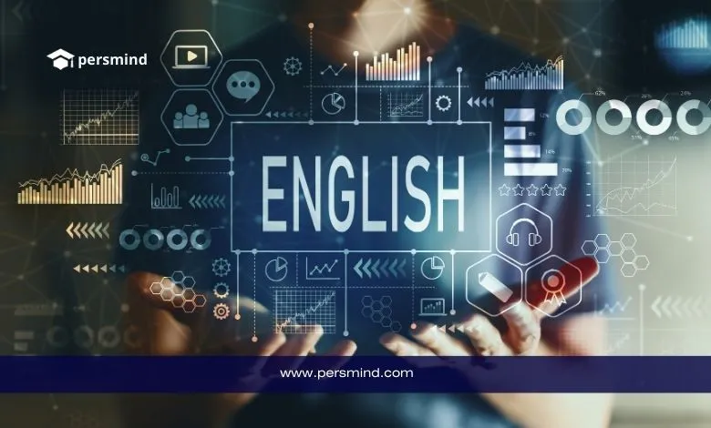 واجهة رقمية تفاعلية تحمل كلمة ENGLISH مع أيقونات تعليمية، في تصميم تعبيري لمقال دورة توفل مجانية عبر الإنترنت.