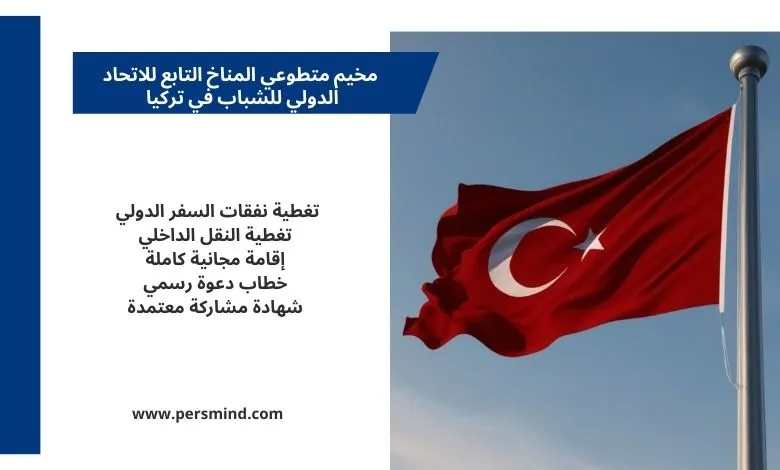 علم تركيا يرفرف في السماء مع بطاقة تعريفية تتضمن معلومات عن مخيم متطوعي المناخ التابع للاتحاد الدولي للشباب، في صورة تعبيرية للمقال.