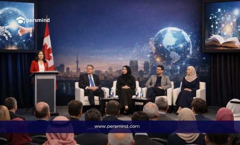 مشهد لمنتدى الدبلوماسية الثقافية والتكنولوجيا في كندا يظهر فيه متحدثون دوليون أمام جمهور، مع خلفية رقمية تمثل الابتكار والتواصل العالمي.