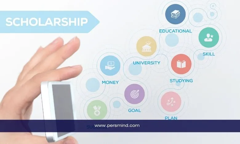 صورة تحتوي على أيقونات تعليمية ملوّنة تمثل مهارات الدراسة والجامعة والتمويل والخطط، مع كلمة Scholarship في الأعلى.
