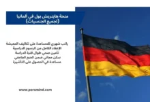 علم ألمانيا مرفوع أمام السماء بجانب لوحة معلومات عن مزايا منحة هاينريش بول للطلاب الدوليين.