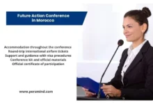 Professional woman speaking at a podium during the Future Action Conference in Morocco, with funding benefits listed including accommodation, airfare, visa support, conference kit, and certificate.