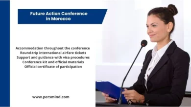 Professional woman speaking at a podium during the Future Action Conference in Morocco, with funding benefits listed including accommodation, airfare, visa support, conference kit, and certificate.