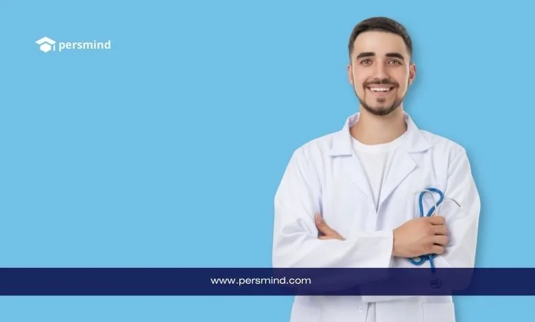 Smiling young male doctor in a white lab coat holding a stethoscope on a blue background with Persmind branding, illustrating the Hanyang University Medicine Scholarship 2026 for international medical students.