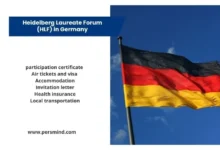 German flag waving against a clear sky beside an information panel listing the benefits of the Heidelberg Laureate Forum (HLF) in Germany.