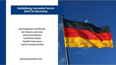 German flag waving against a clear sky beside an information panel listing the benefits of the Heidelberg Laureate Forum (HLF) in Germany.